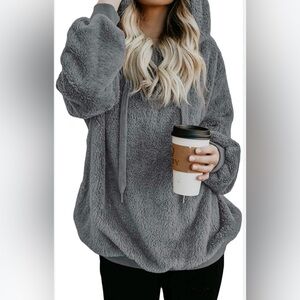 Oversized Gray Sherpa Fleece Hoodie Teddy Bear Soft Pullover, NWOT, Size Medium